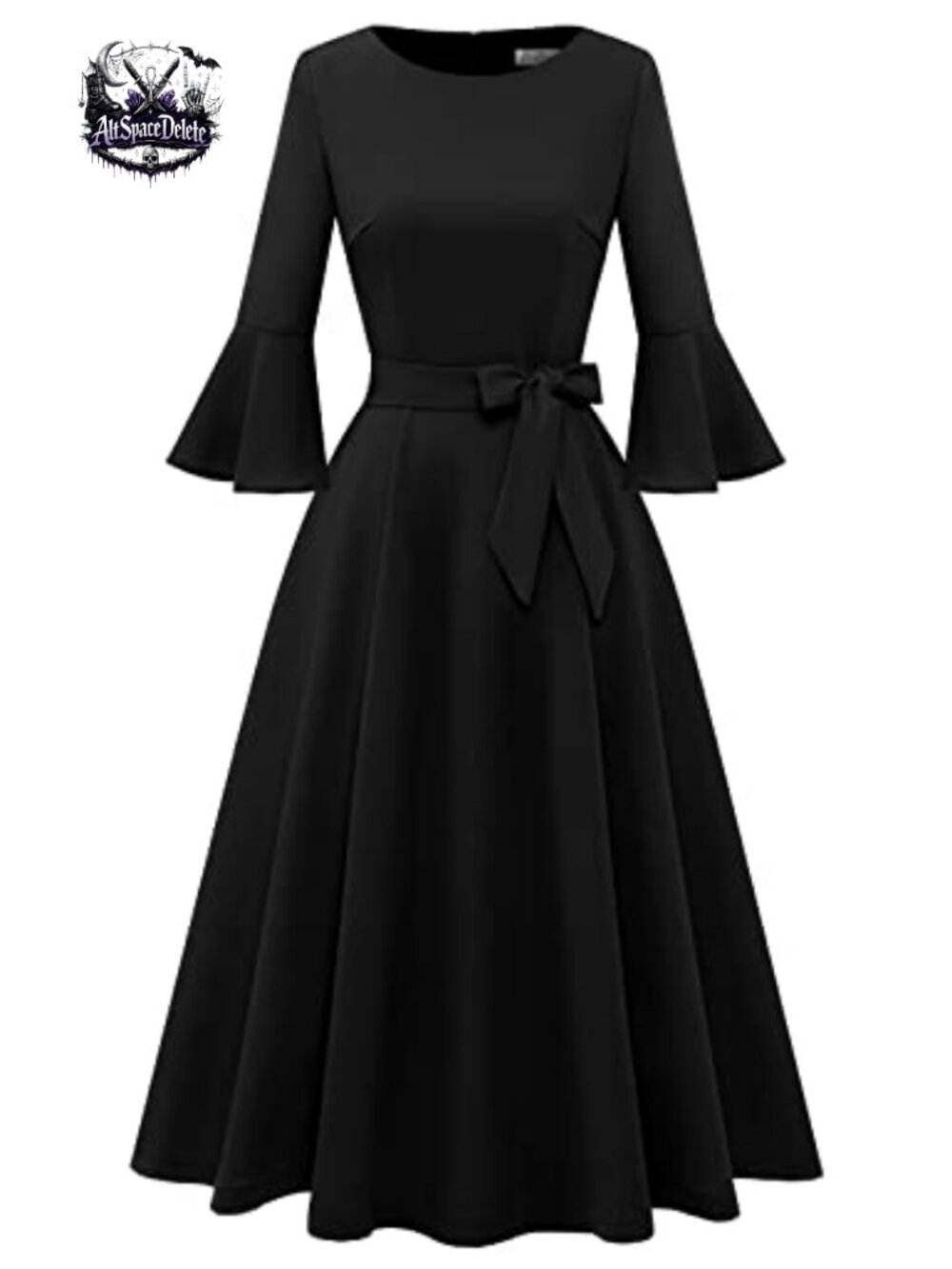 Vintage Cocktail Midi Dress Bell Sleeve A-Line Church Tea Party